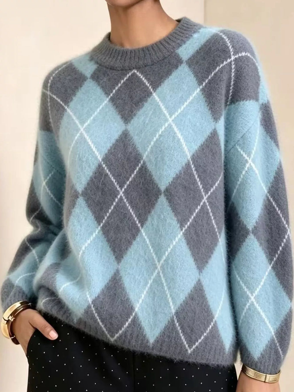 Argyle Pattern Fuzzy Knit Sweater