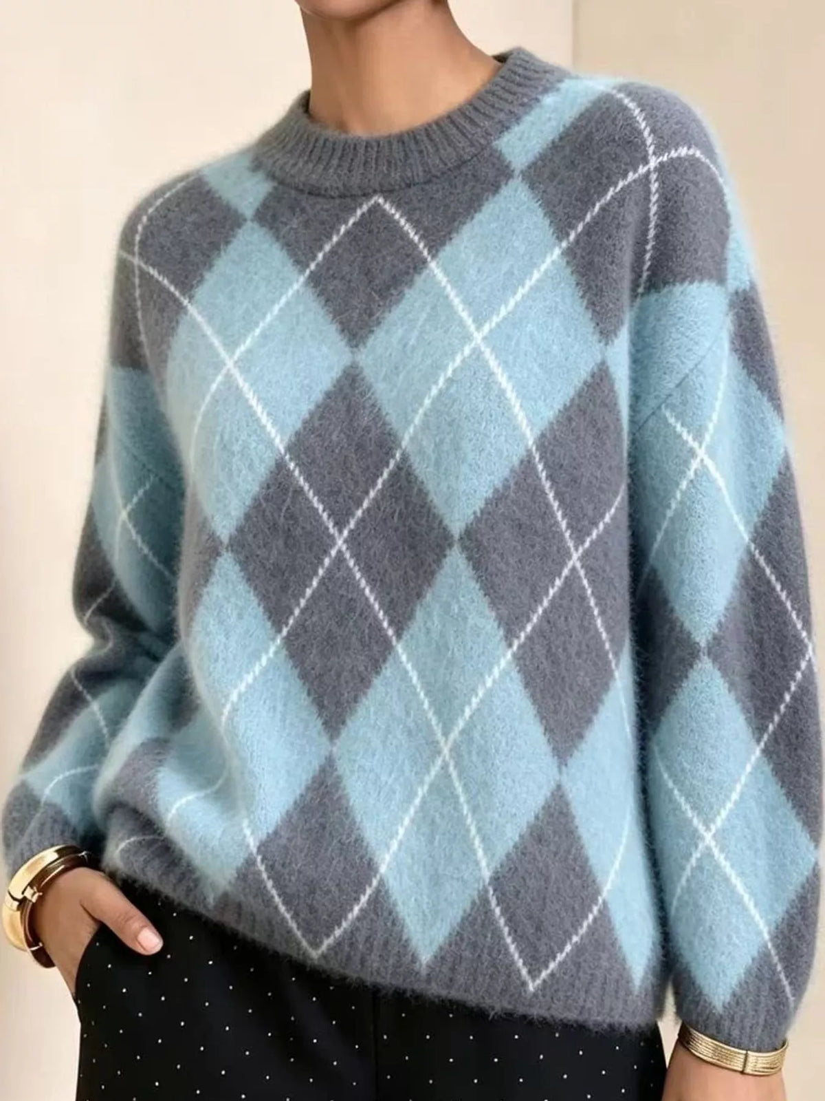Argyle Pattern Fuzzy Knit Sweater