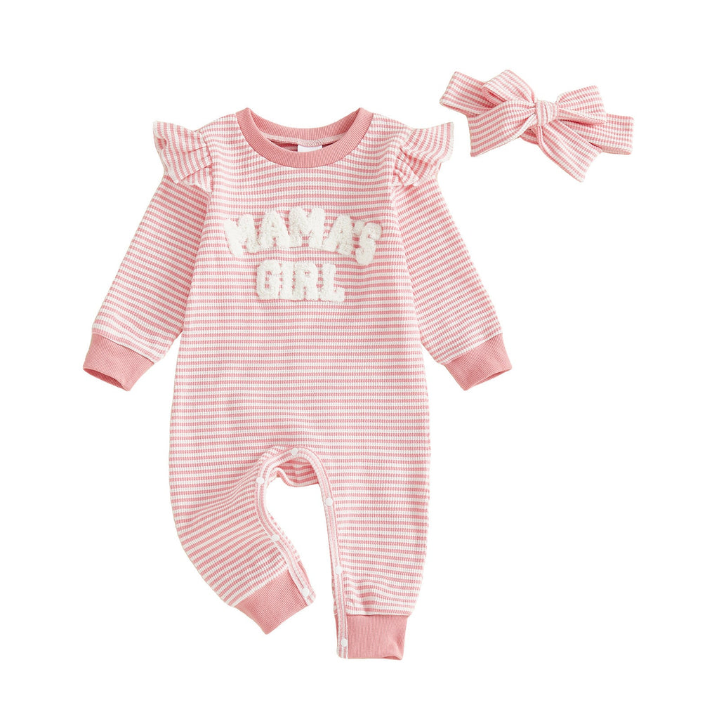 Striped Waffle-Weave Flutter-Sleeve Long-Sleeve Onesie