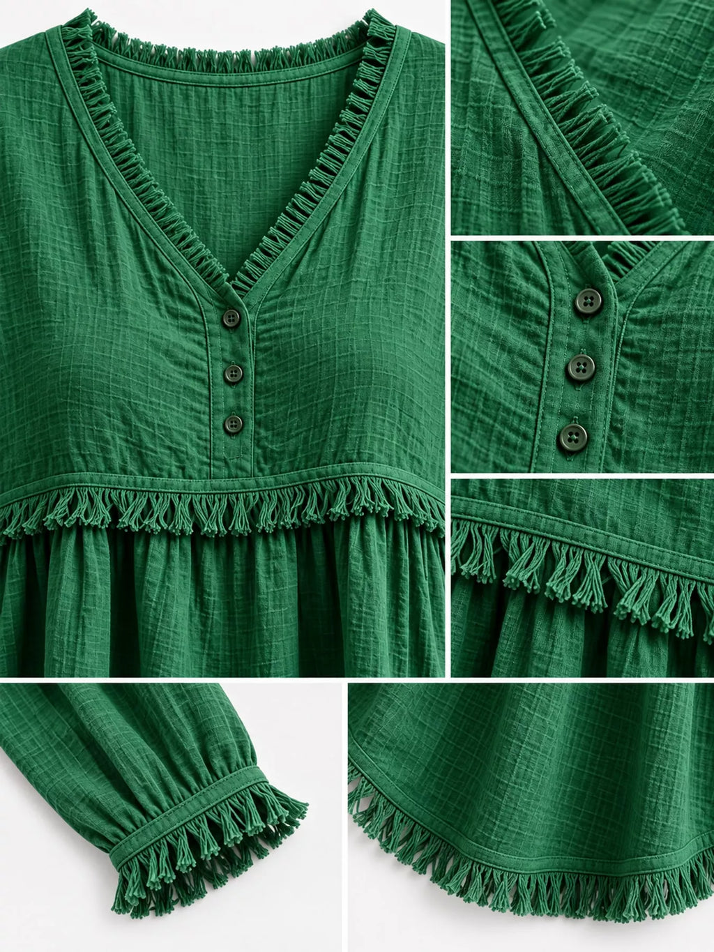 Full Size Fringed Trim V-Neck Long Sleeve Blouse Plus Size