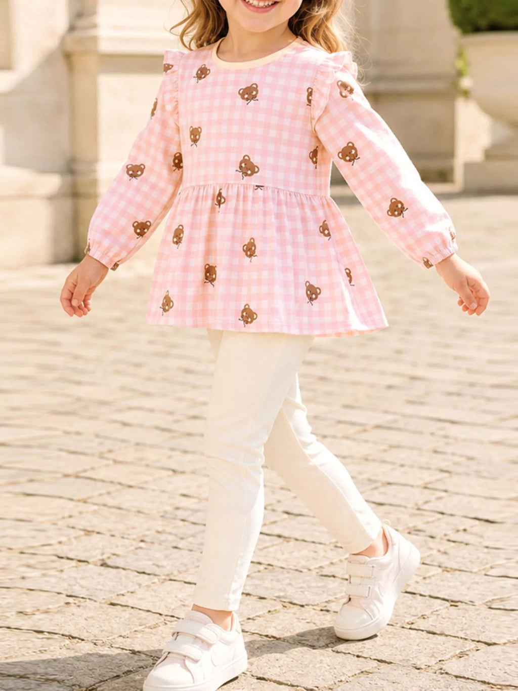 Children's Gingham Bear Print Peplum Top and Leggings Set