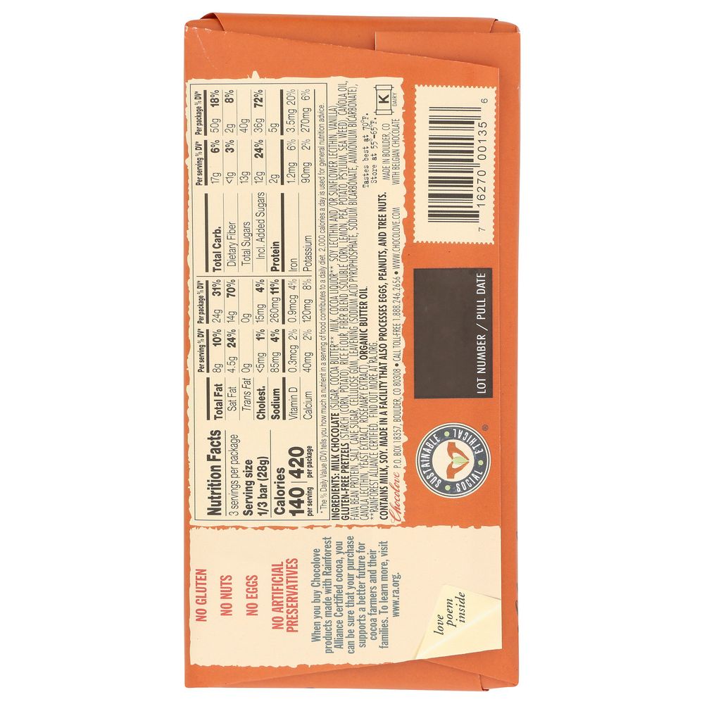 CHOCOLOVE: Pretzel In Milk Chocolate Bar, 2.9 oz
