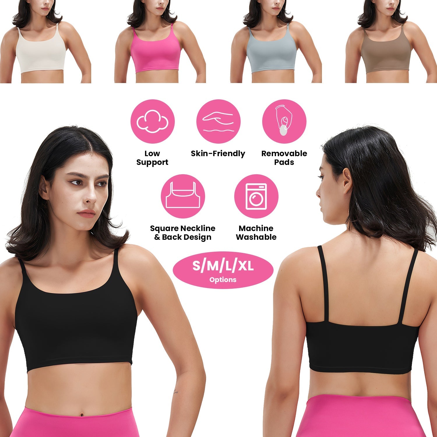 Women Sport Bras with Removable Pads, Low-Impact Square Neck