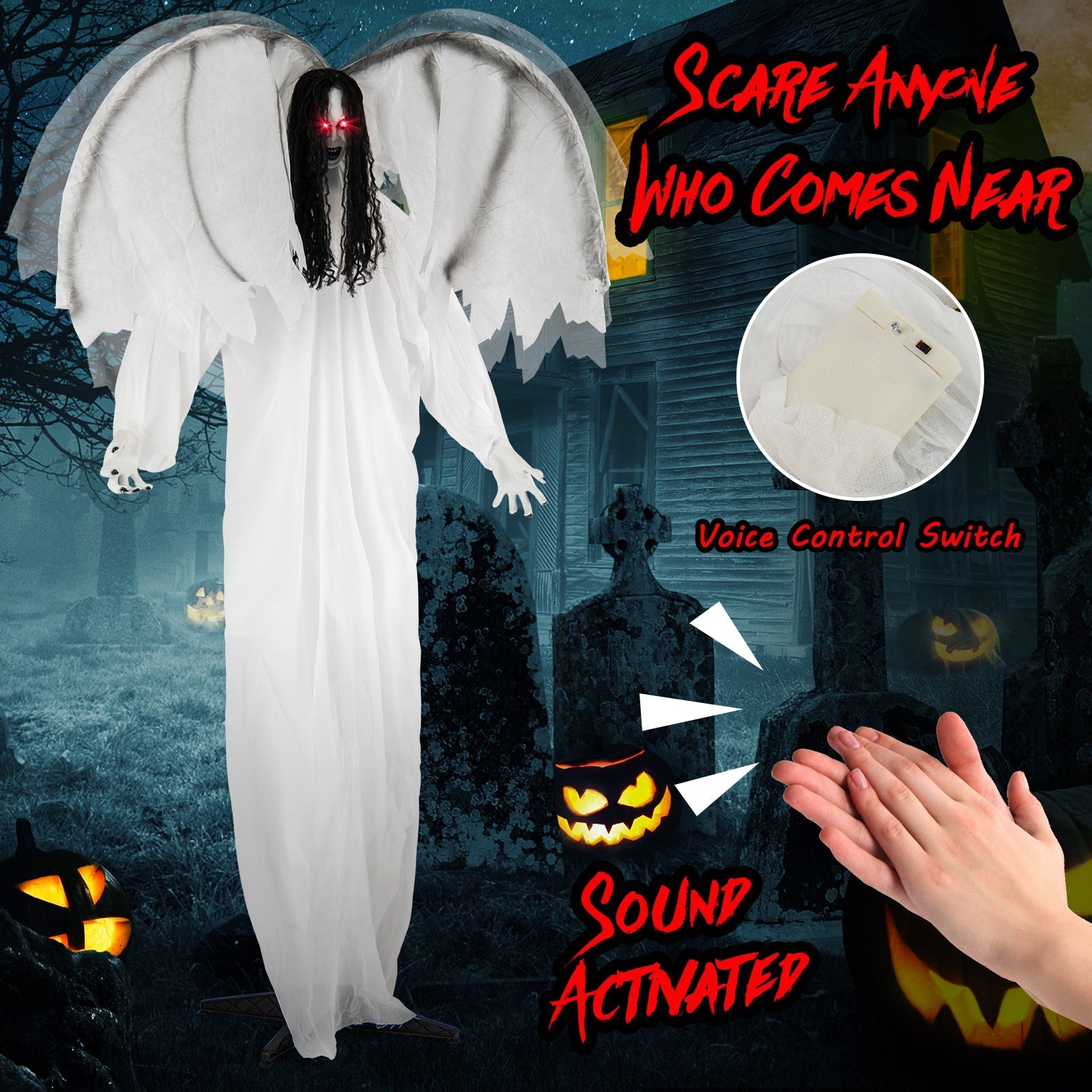 6.6 Feet Halloween Animatronic Standing Angel with Sound-Activated Light-up Eyes and Flapping Wings