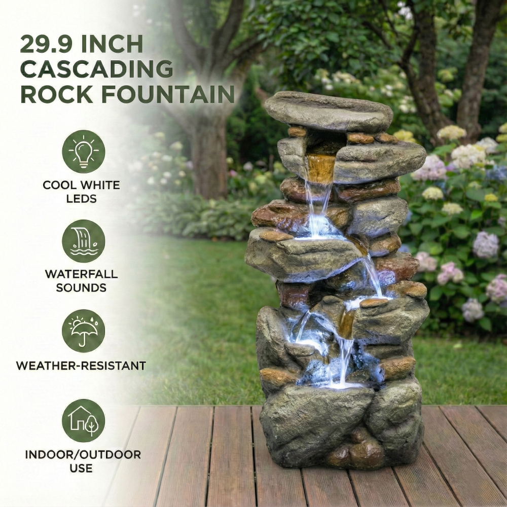 30" Large Outdoor Stone Fountain with LED Lights | Cascading Waterfall Fiberglass Resin Garden Fountain for Patio, Yard & Entryway