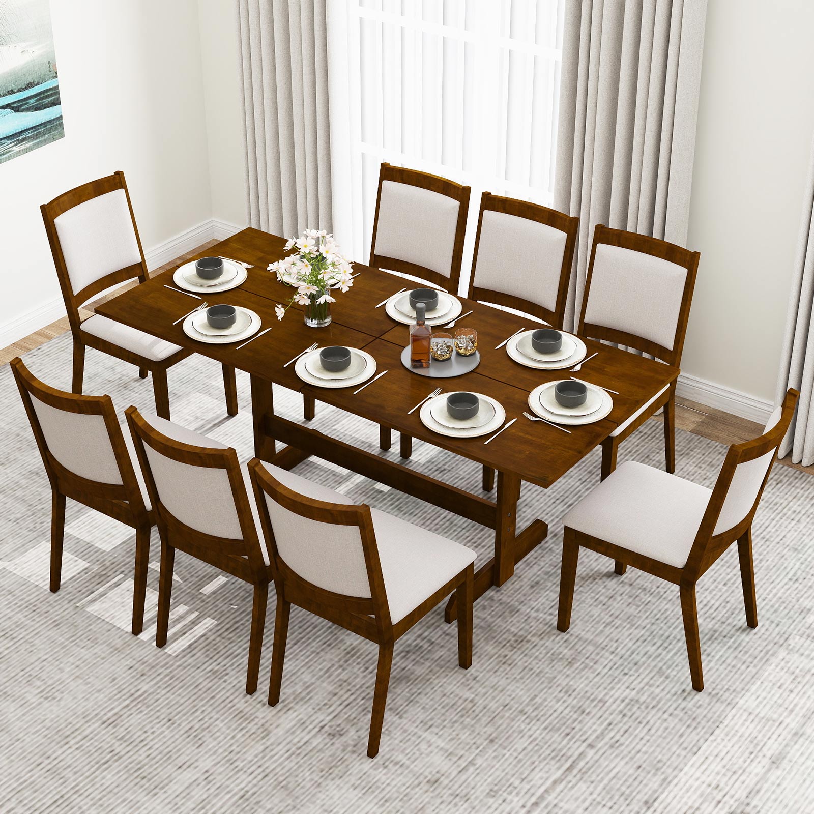 71 Inch Farmhouse Dining Table Wooden Kitchen Table for 6-8 with Rubber Wood Legs-Walnut