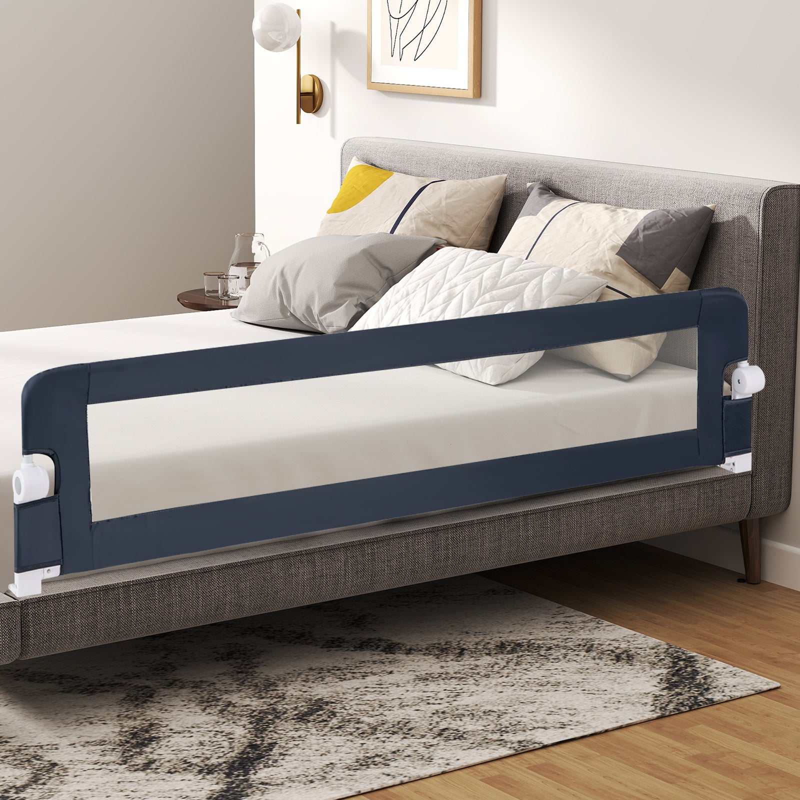71-Inch Foldable Bed Rail Swing Down Baby Bed Guard Rail with Adjustable Safety Strap