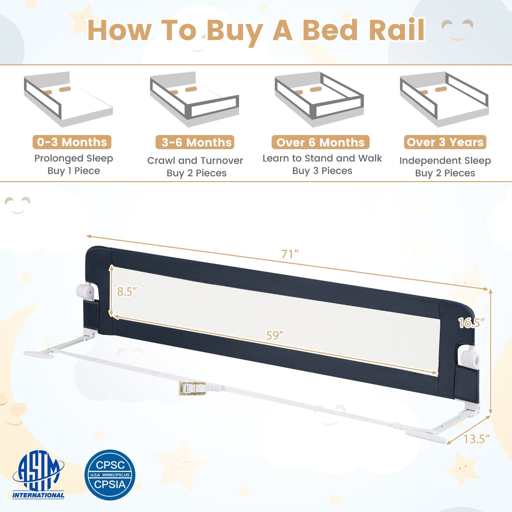 71-Inch Foldable Bed Rail Swing Down Baby Bed Guard Rail with Adjustable Safety Strap