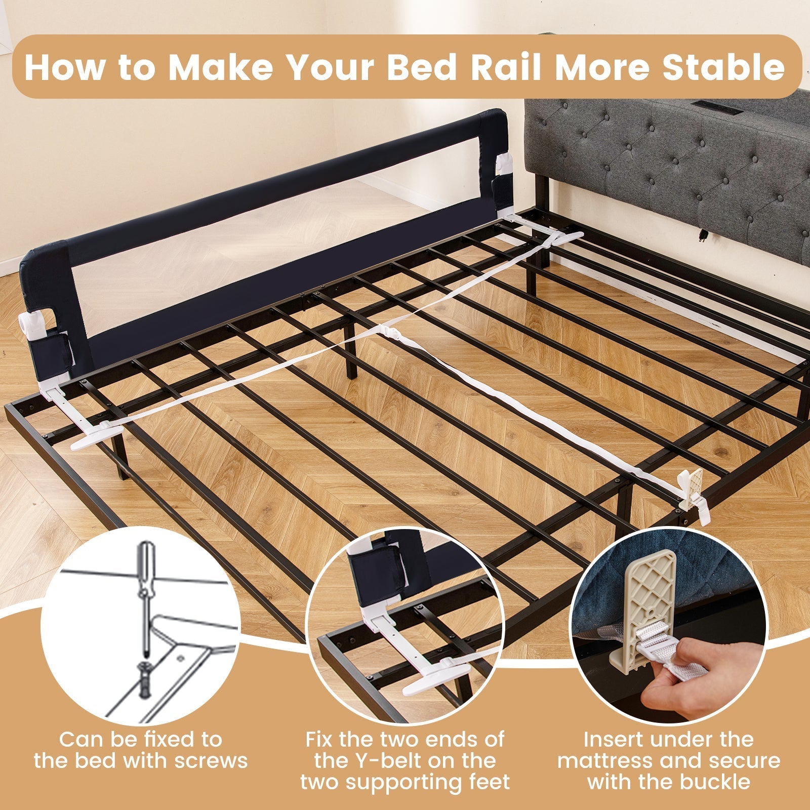 71-Inch Foldable Bed Rail Swing Down Baby Bed Guard Rail with Adjustable Safety Strap
