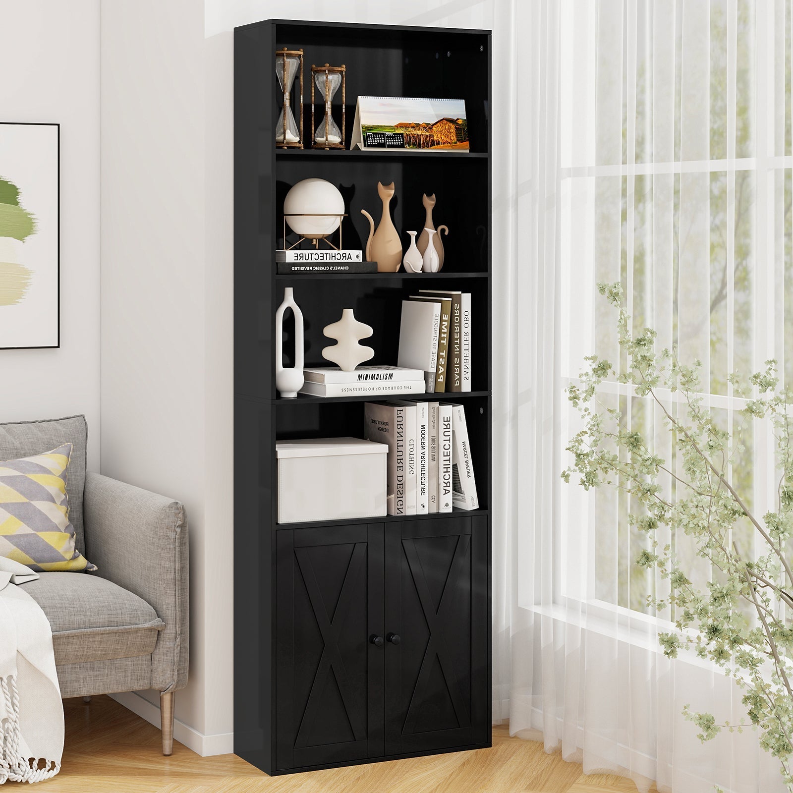71 Inch Freestanding Bookshelf with 6 Shelves and 2-Door Cabinet