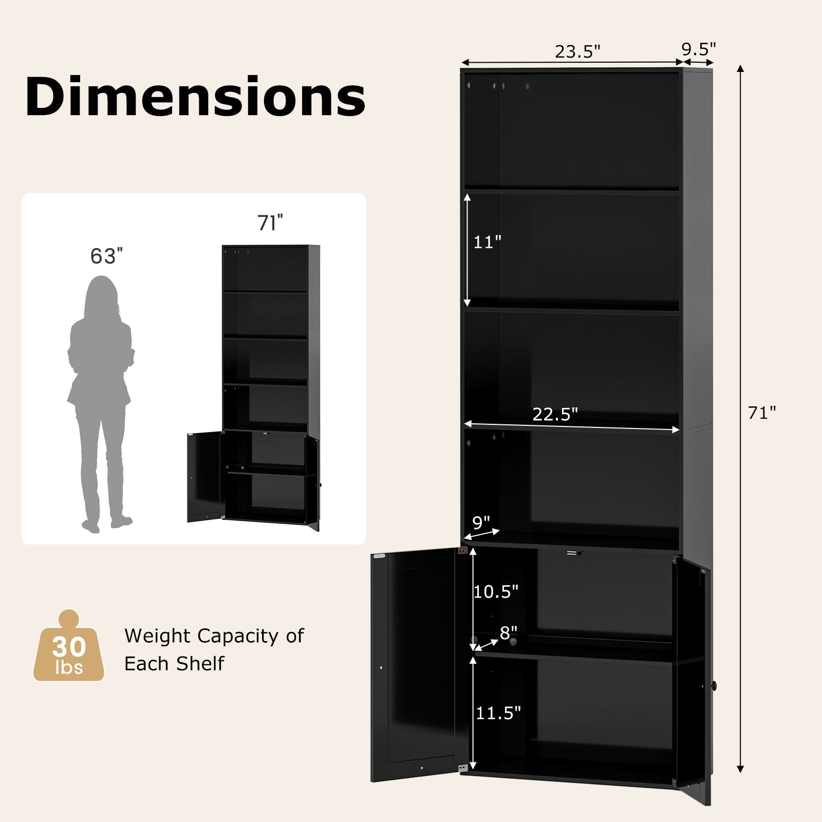 71 Inch Freestanding Bookshelf with 6 Shelves and 2-Door Cabinet