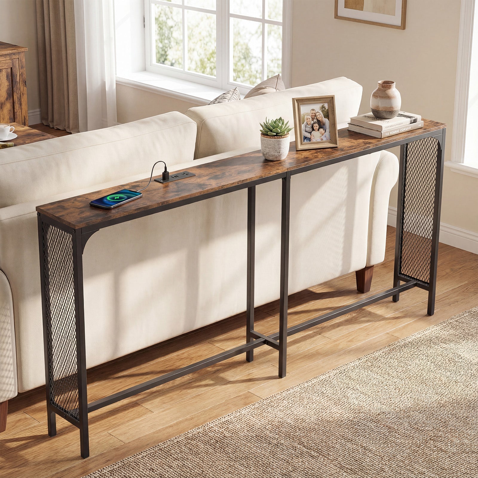 71 Inch Narrow Console Table with Power Outlet for Small Space