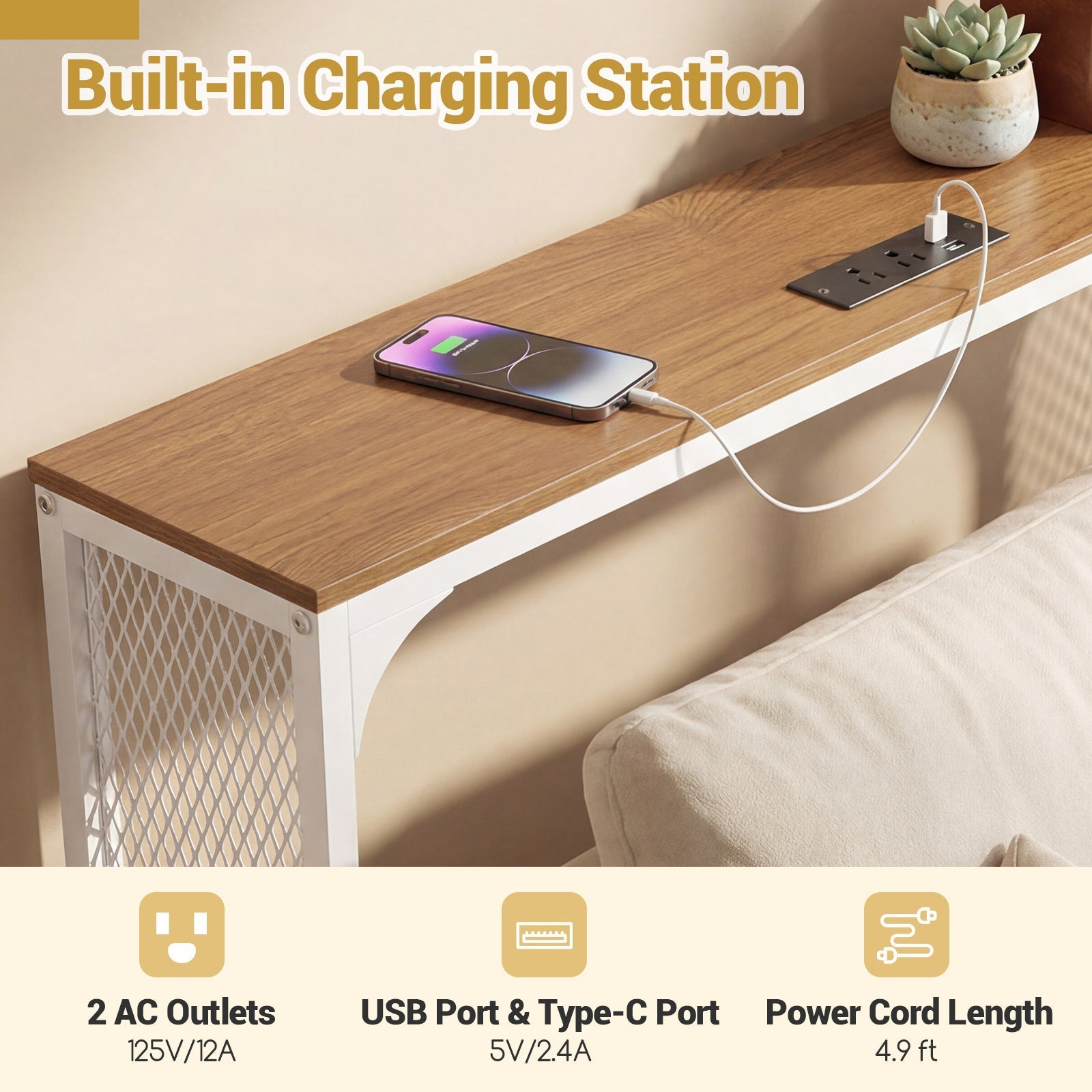 71 Inch Narrow Console Table with Power Outlet for Small Space