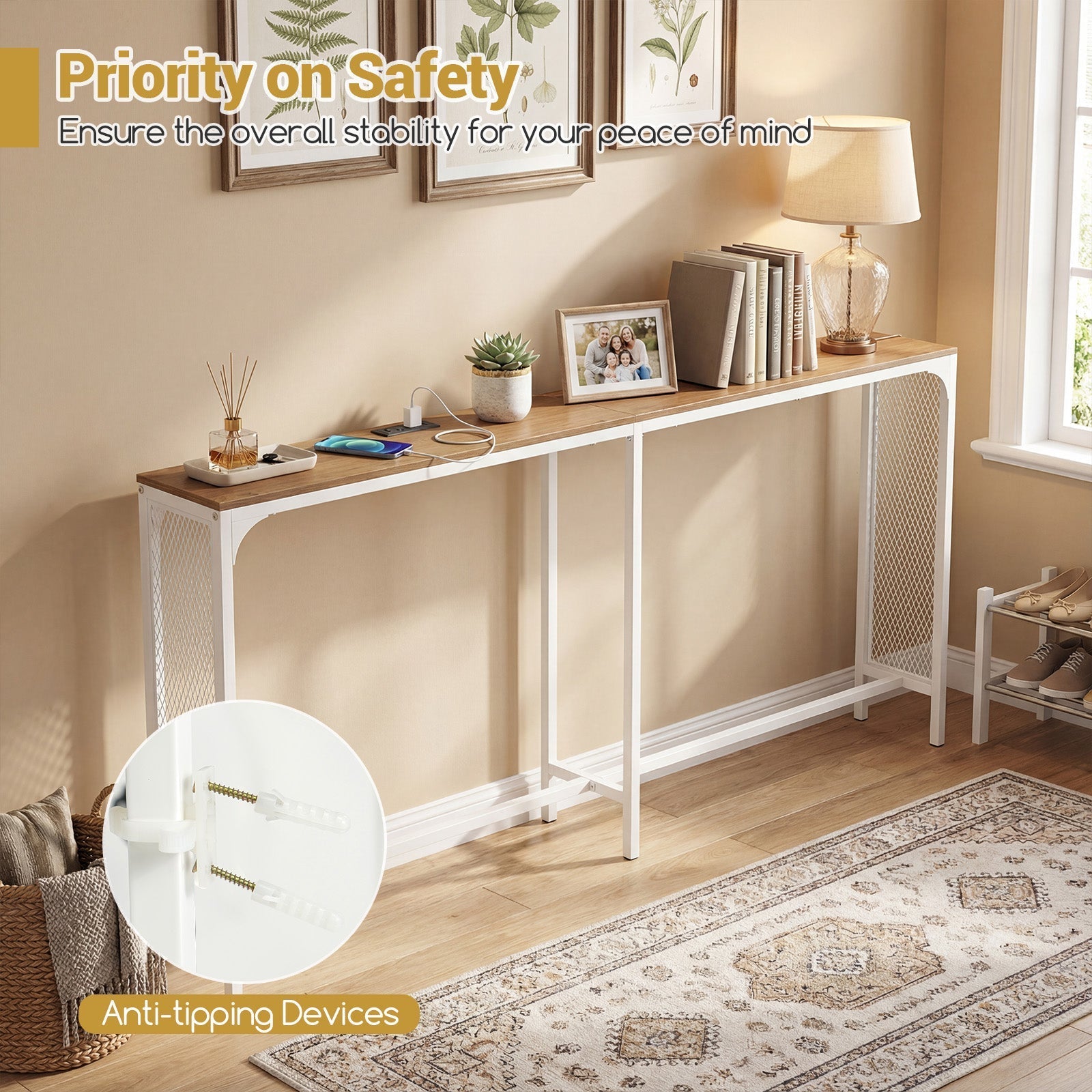 71 Inch Narrow Console Table with Power Outlet for Small Space