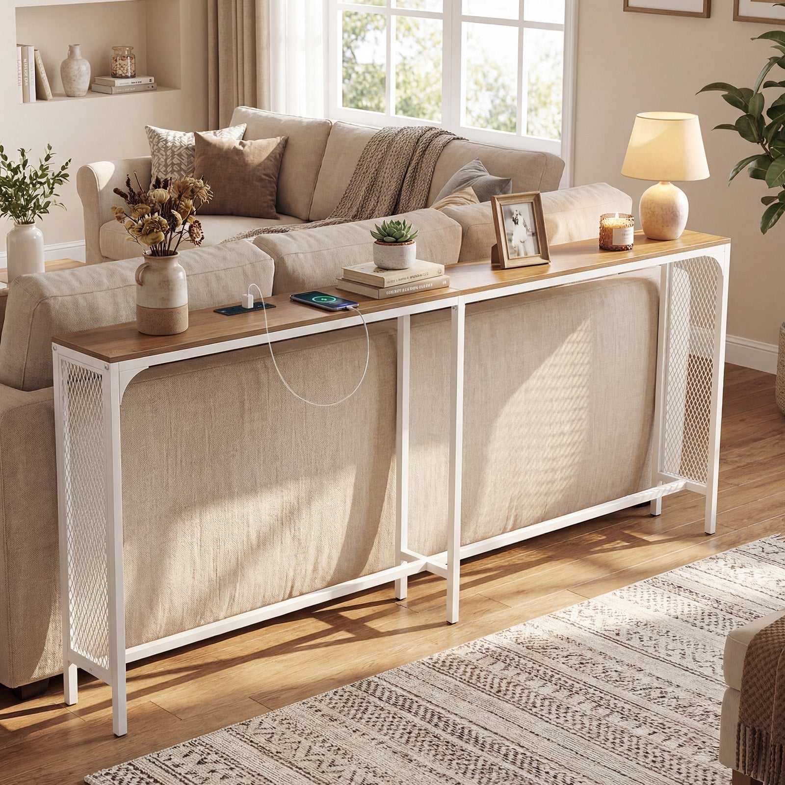 71 Inch Narrow Console Table with Power Outlet for Small Space