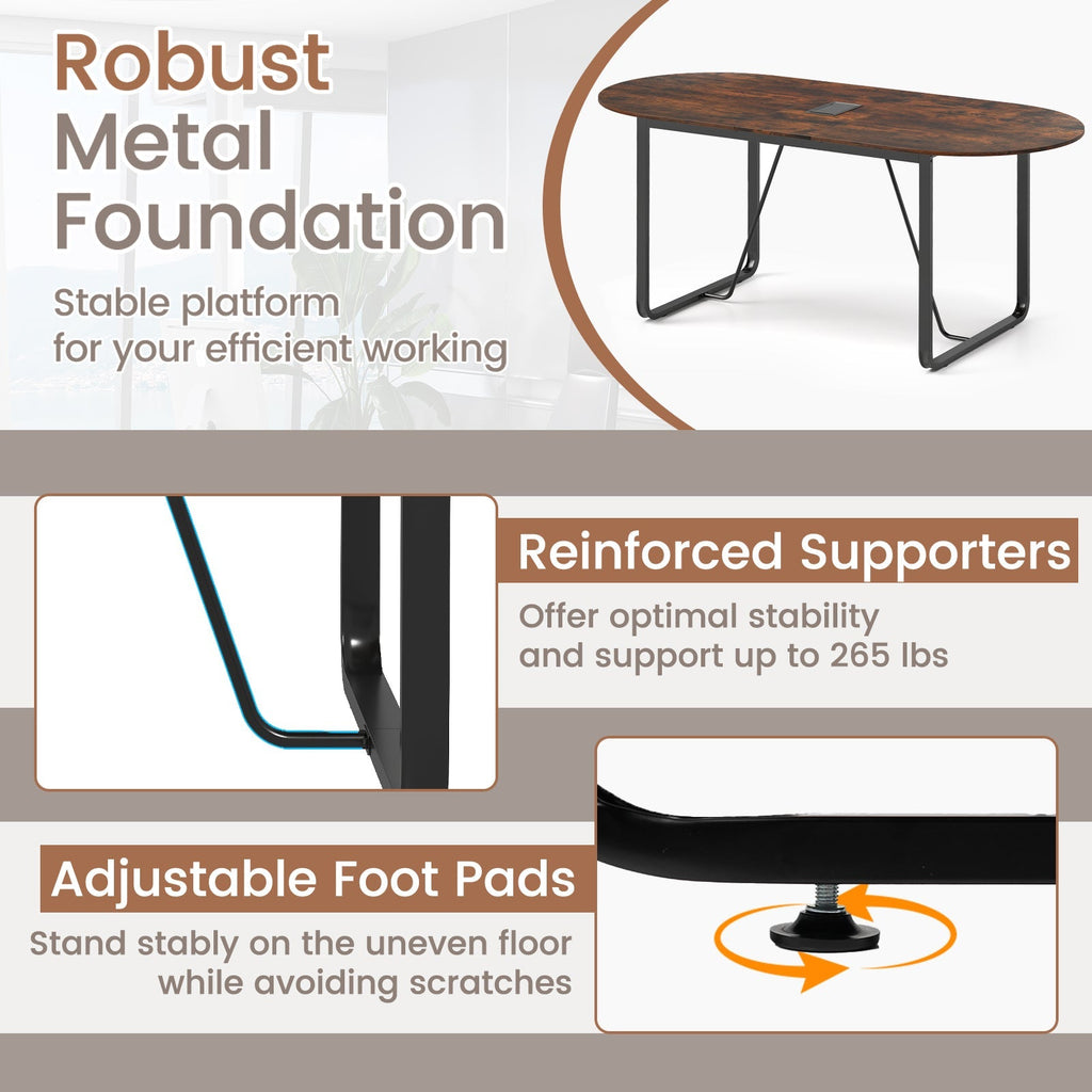 71 Inches Executive Table Oval Home Office Table with Cable Management Hole-Rustic Brown