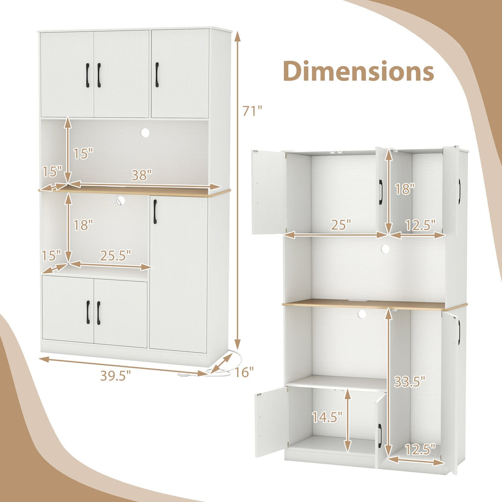 71" Tall Kitchen Pantry Cabinet with Charging Station Wooden Buffet Cupboard Sideboard