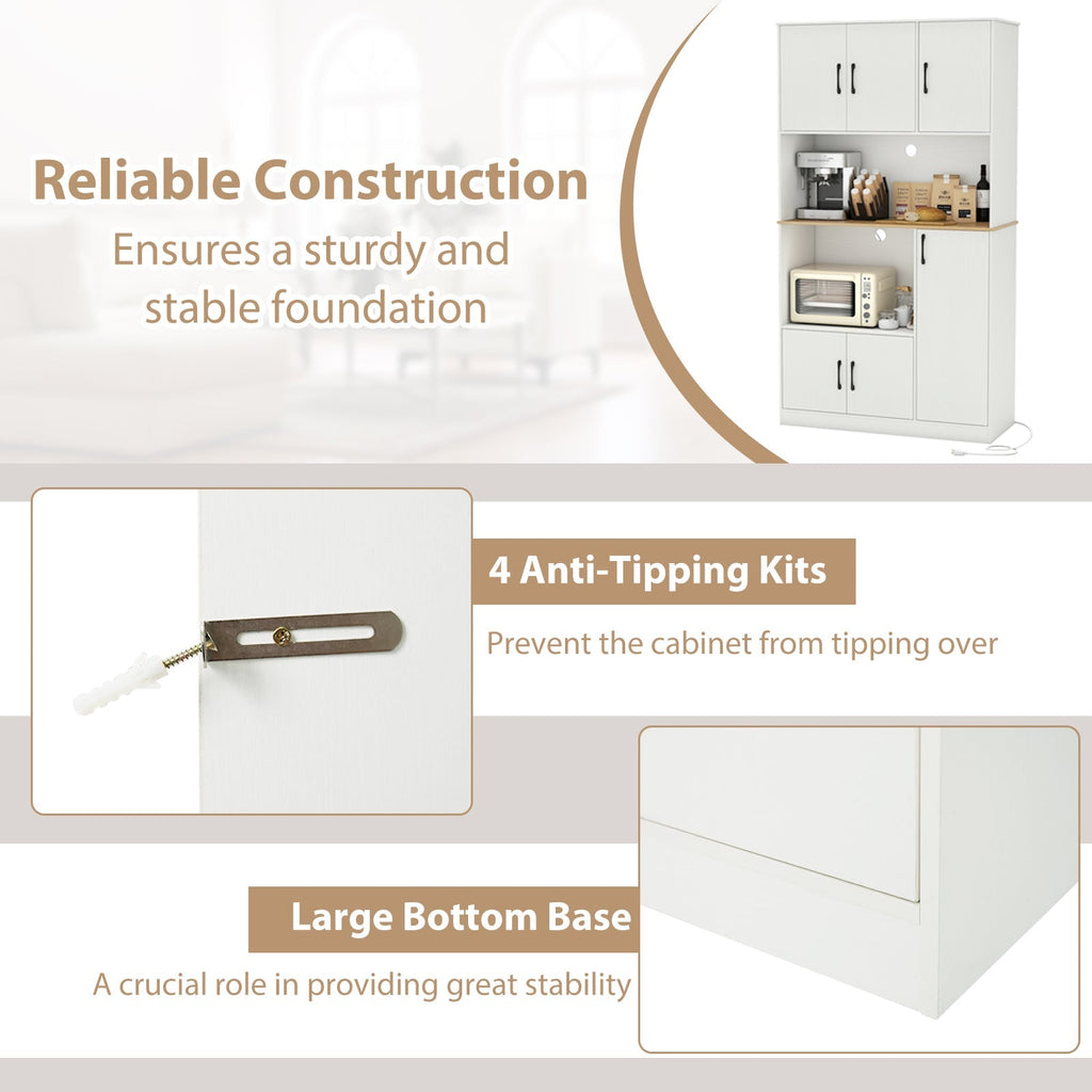 71" Tall Kitchen Pantry Cabinet with Charging Station Wooden Buffet Cupboard Sideboard