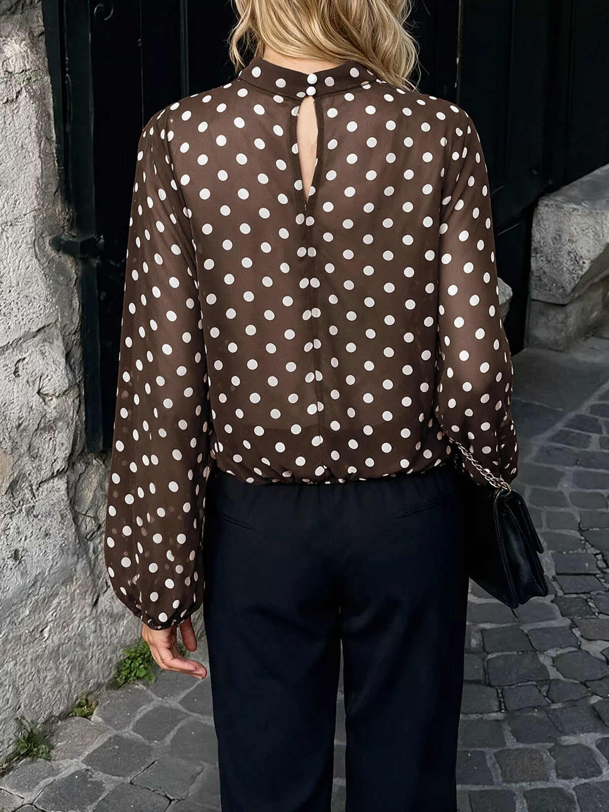 Polka Dot Mock Neck Long Sleeve Blouse