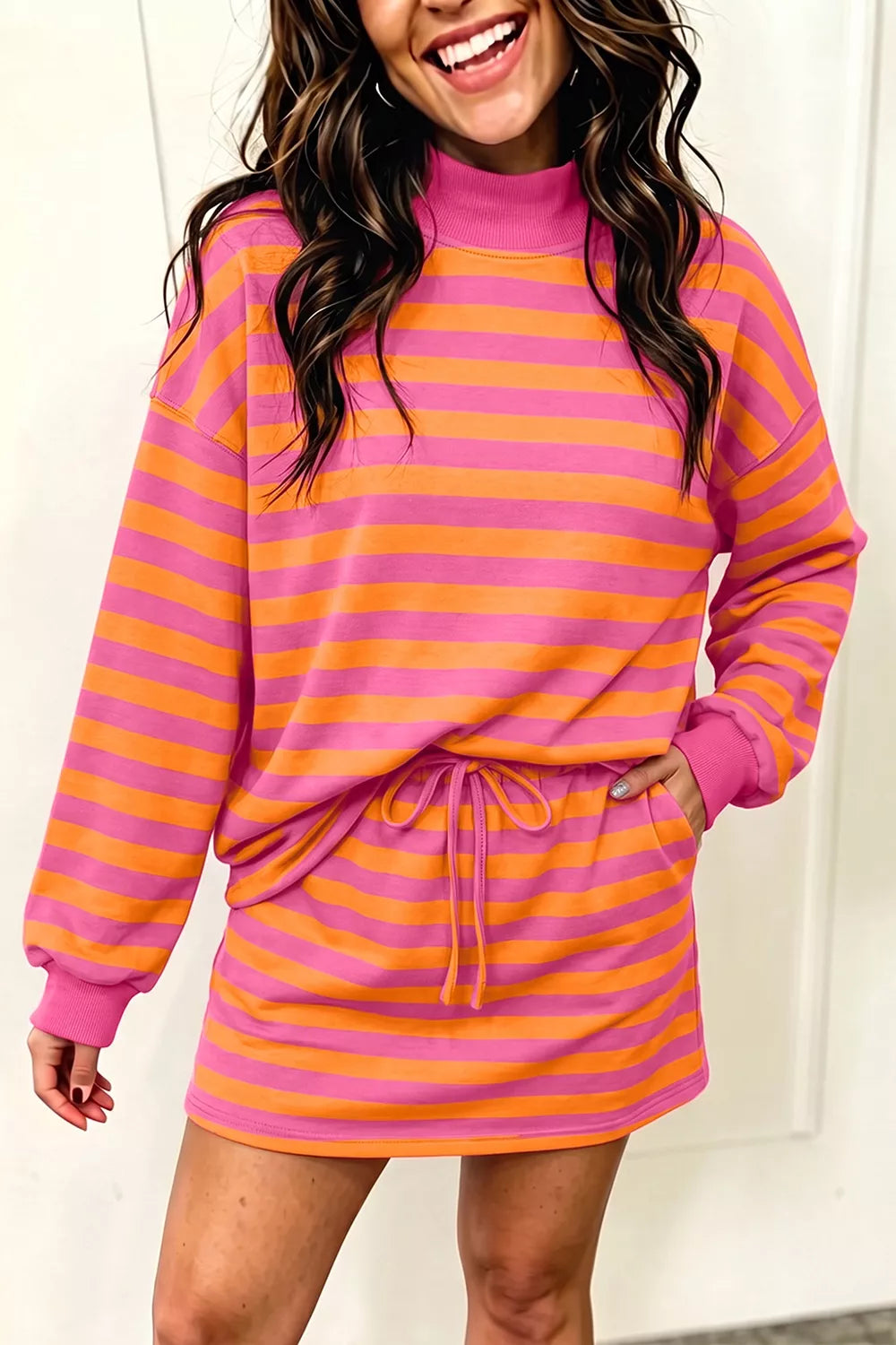 Stripe Color Block Patchwork Mock Neck Pullover Drawstring Mini Skort Set