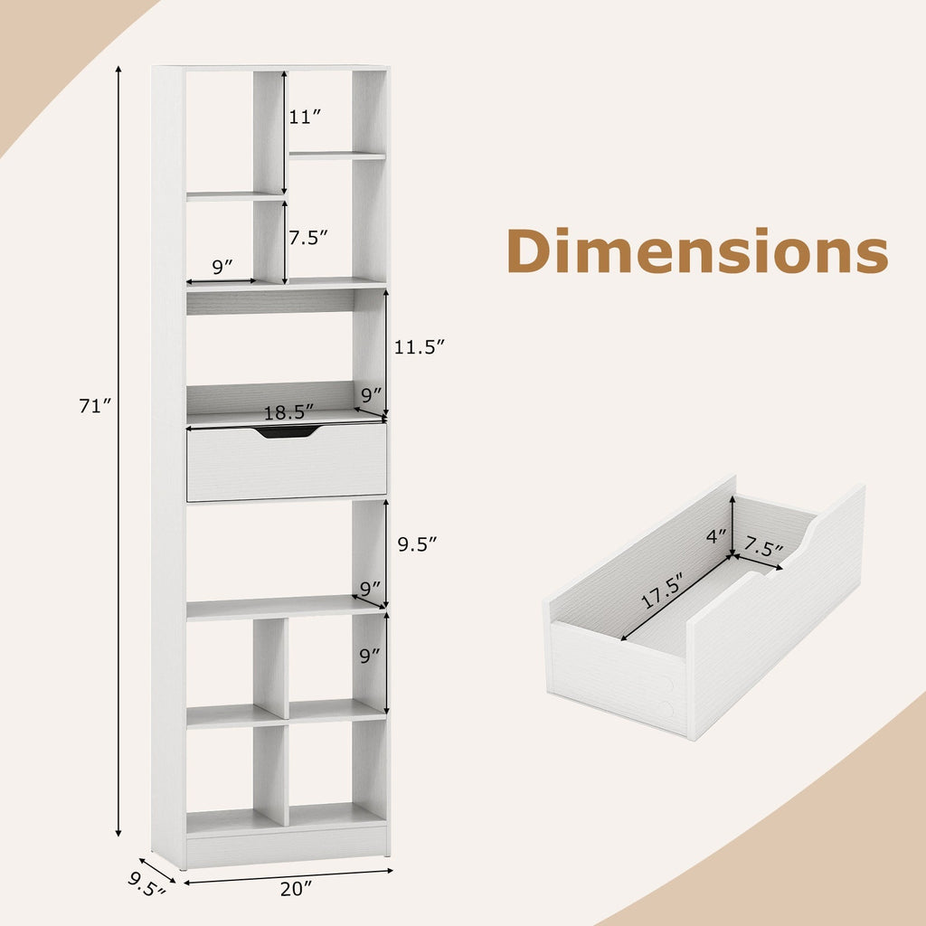 71inch Tall Freestanding Bookcase with Drawer 10-Cube Storage Organizer