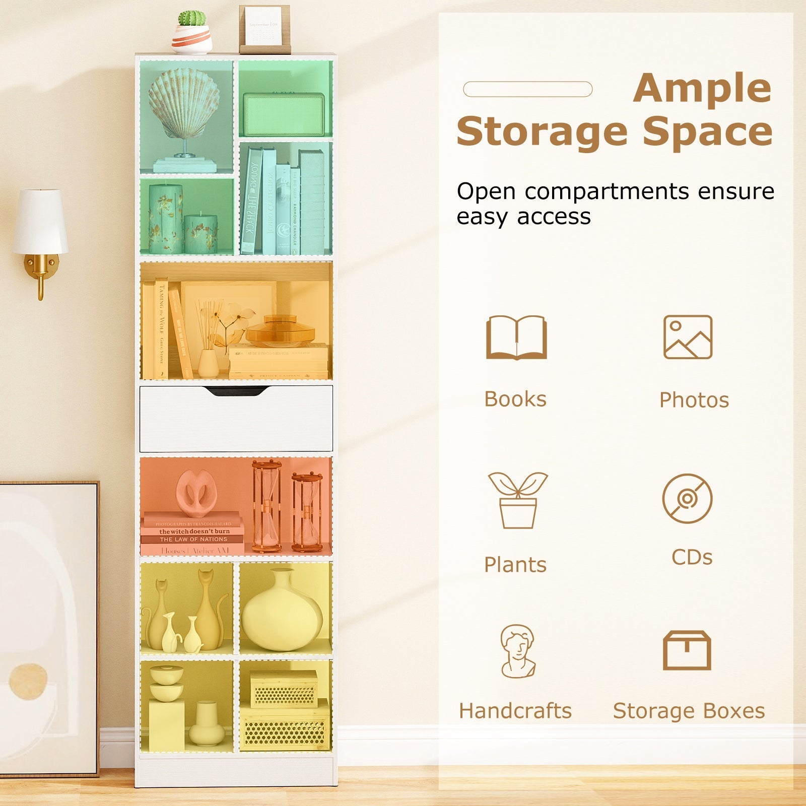 71inch Tall Freestanding Bookcase with Drawer 10-Cube Storage Organizer