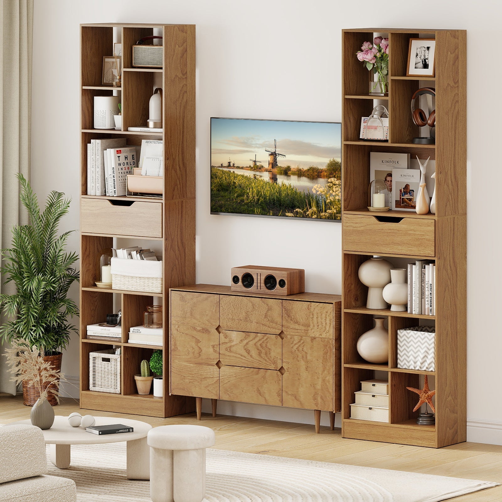 71inch Tall Freestanding Bookcase with Drawer 10-Cube Storage Organizer