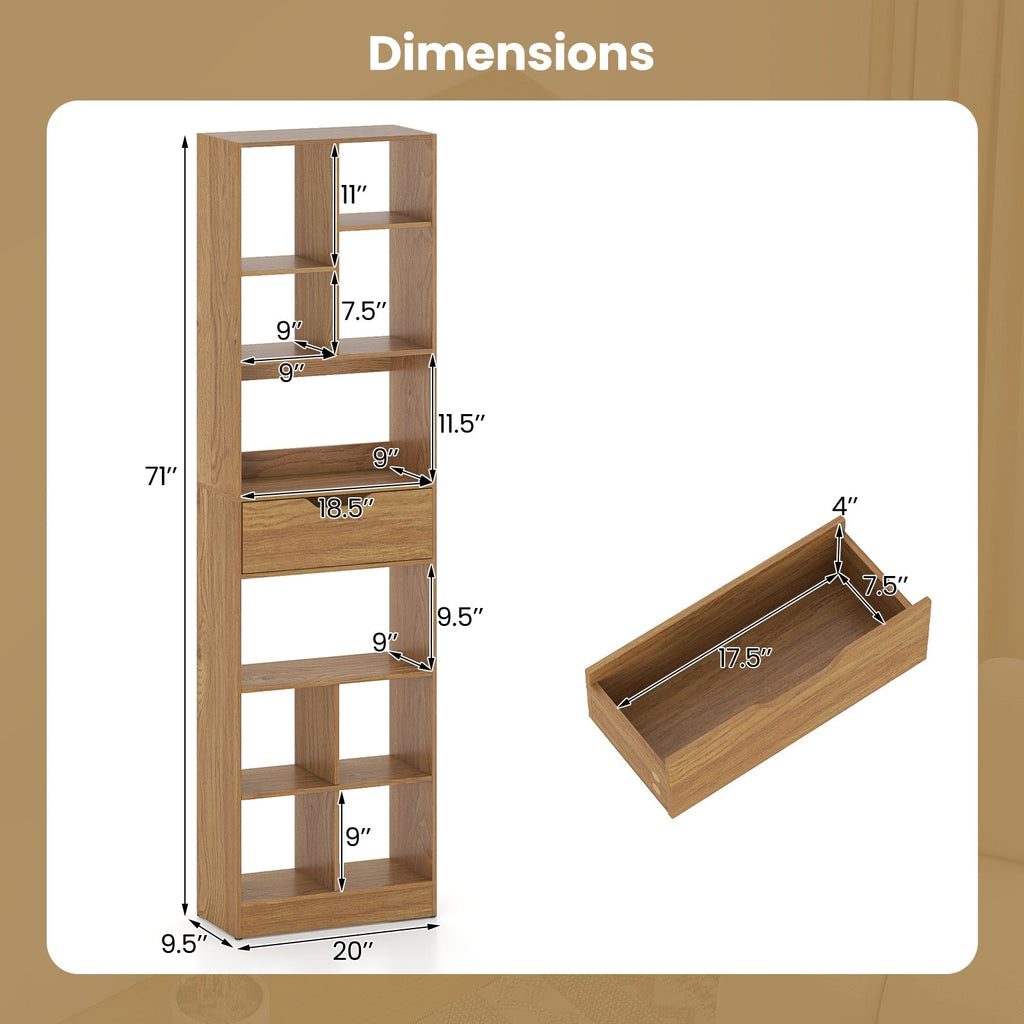 71inch Tall Freestanding Bookcase with Drawer 10-Cube Storage Organizer