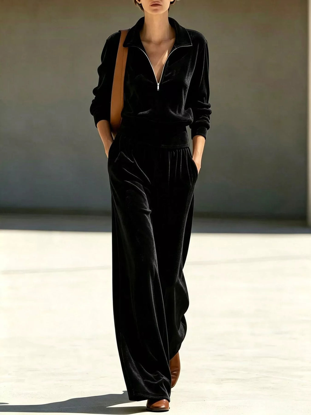 Full Size Half Zip Sweatshirt and Wide-Leg Pants Set Plus Size