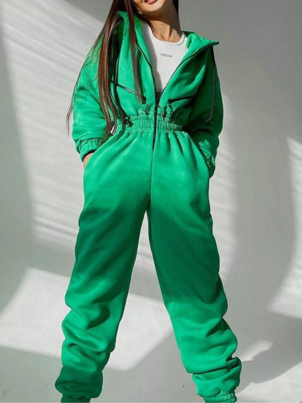 Zip Front Dropped Shoulder Jumpsuit