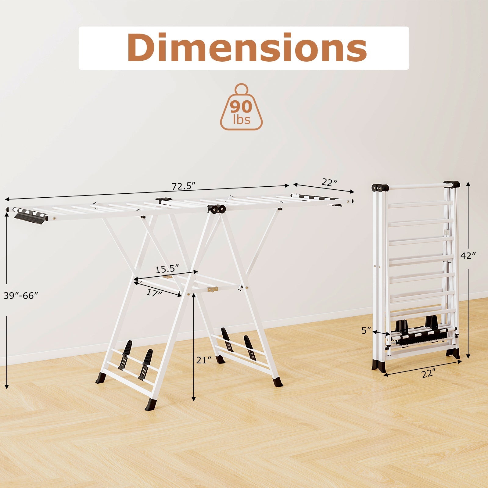 72.5 Inches Clothes Drying Rack with Height Adjustable Wings