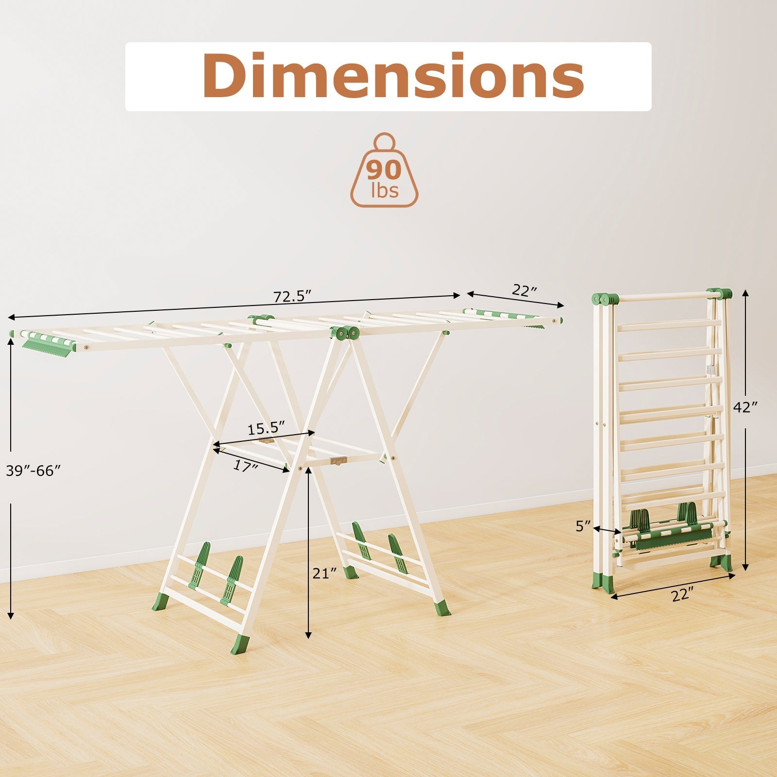 72.5 Inches Clothes Drying Rack with Height Adjustable Wings
