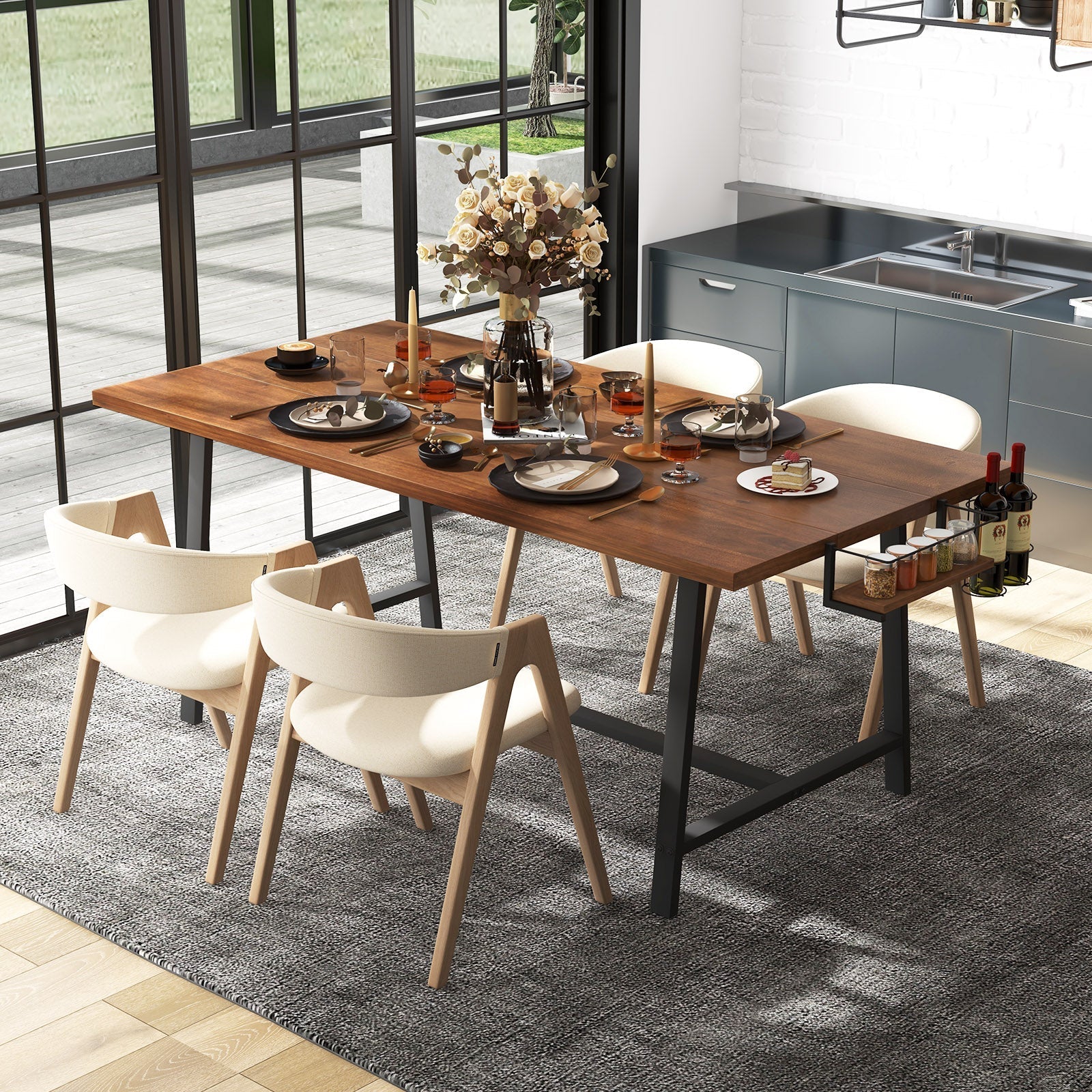 72 Inch Dining Table Rectangular Kitchen Table with 2-Bottle Wine Rack for 5-7-Walnut