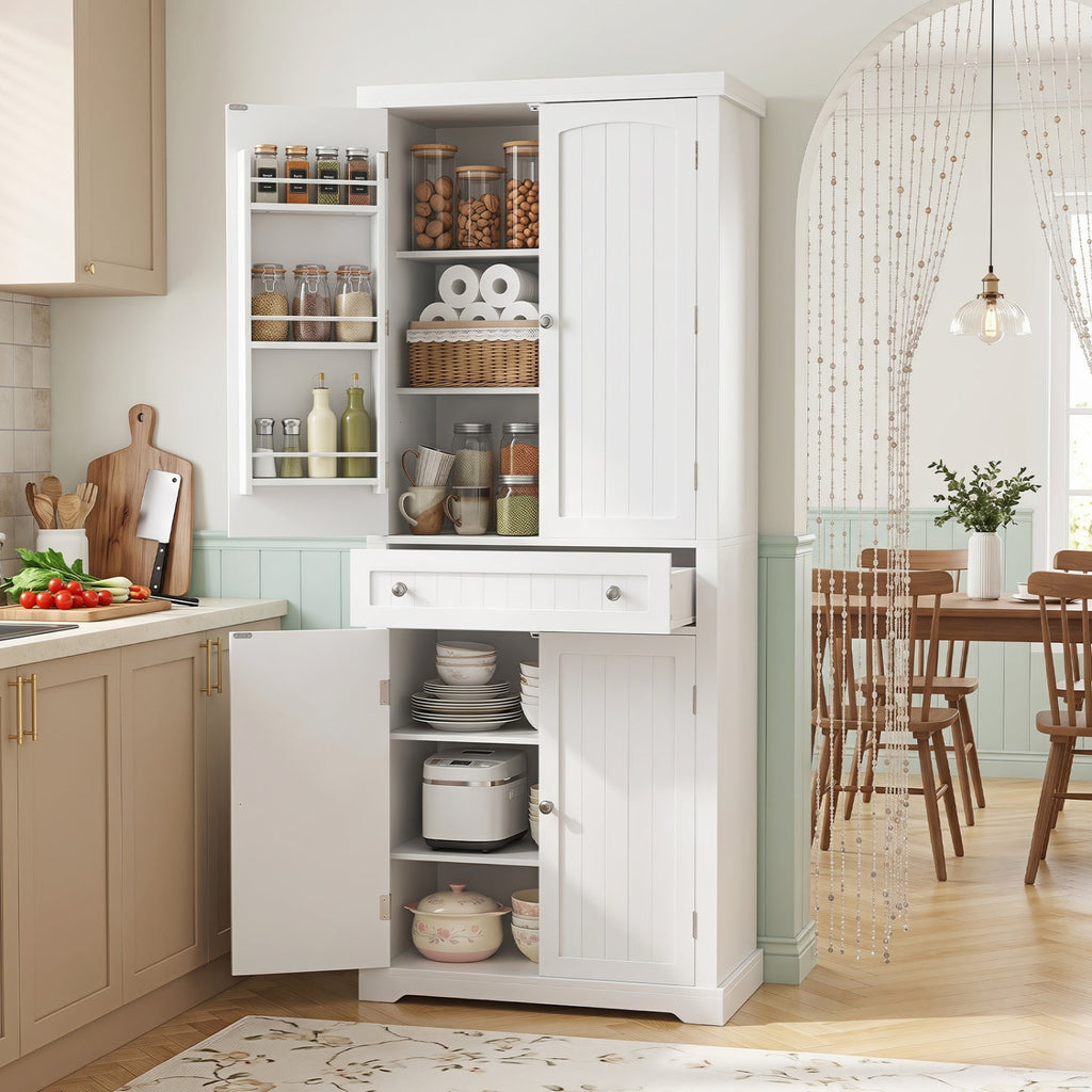 72" Tall Kitchen Pantry Cabinet with 4 Fluted Doors - White