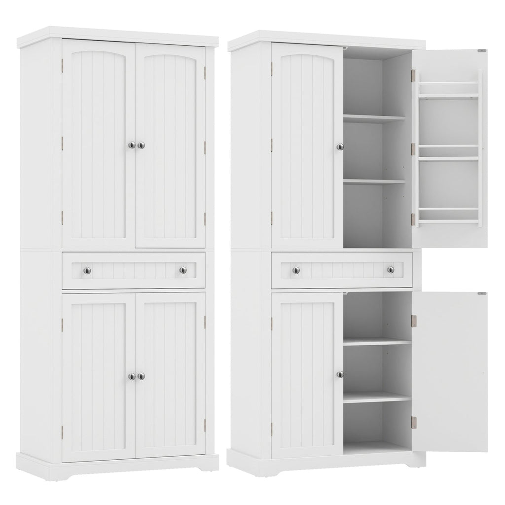 72" Tall Kitchen Pantry Cabinet with 4 Fluted Doors - White