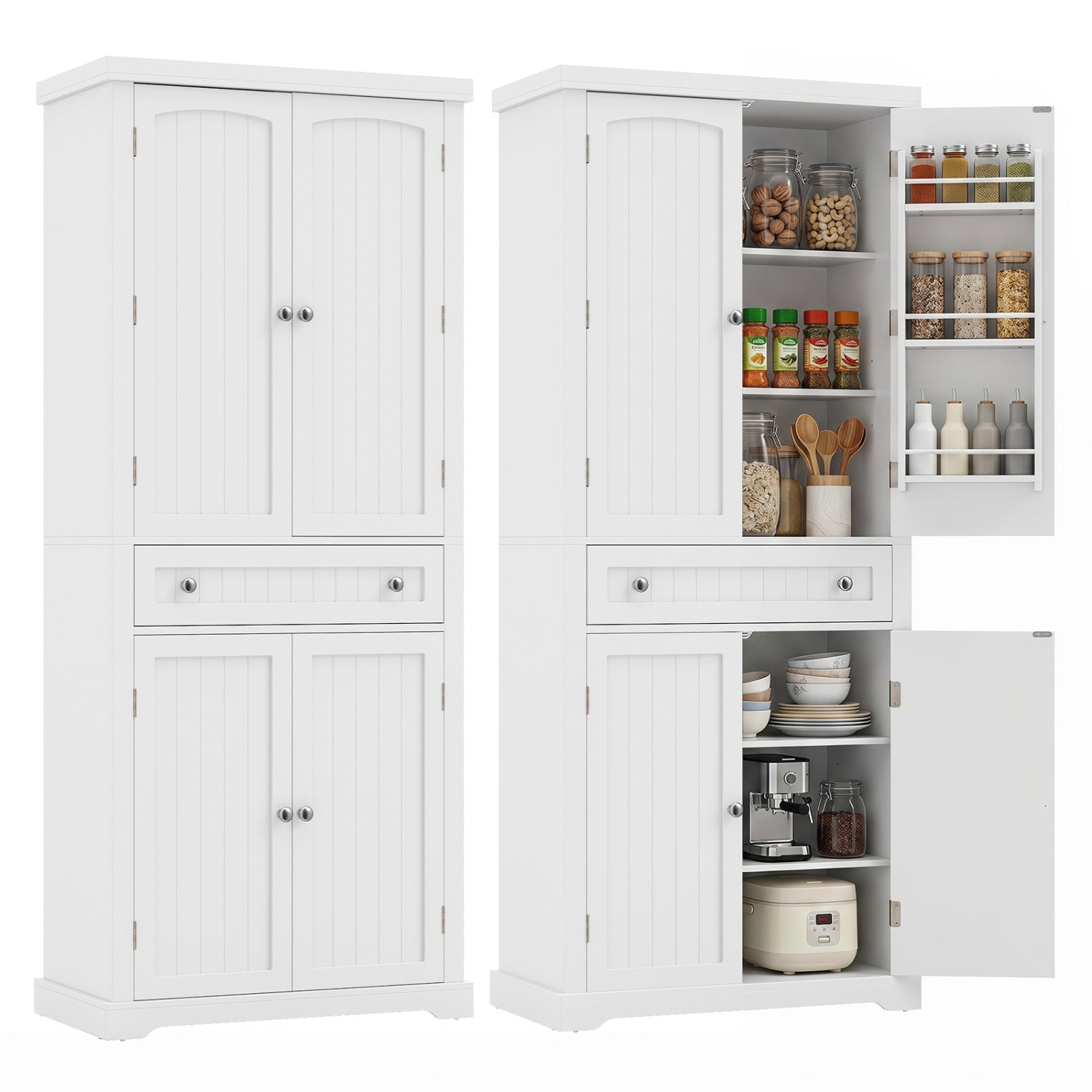 72" Tall Kitchen Pantry Cabinet with 4 Fluted Doors - White