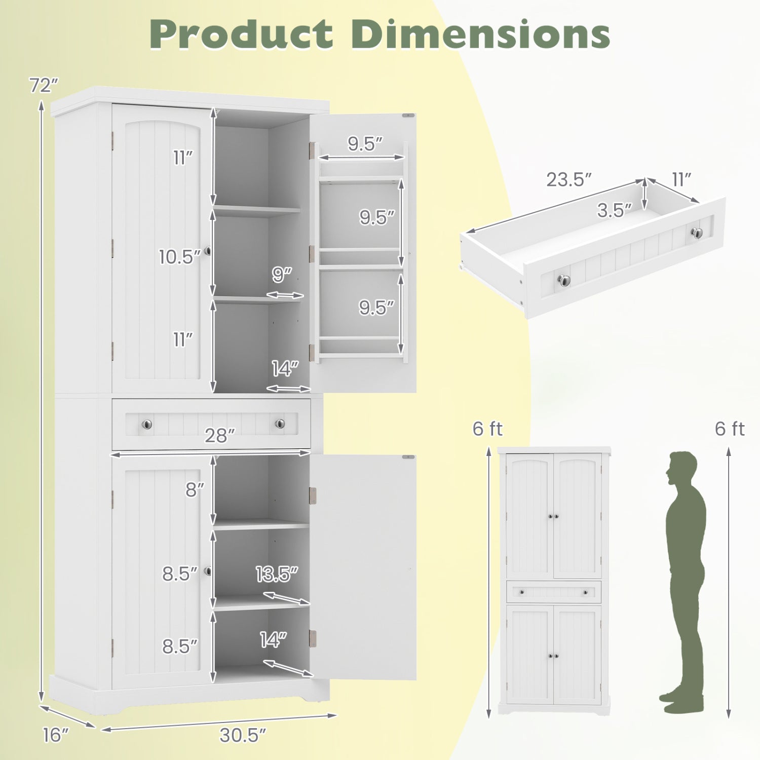 72" Tall Kitchen Pantry Cabinet with 4 Fluted Doors - White