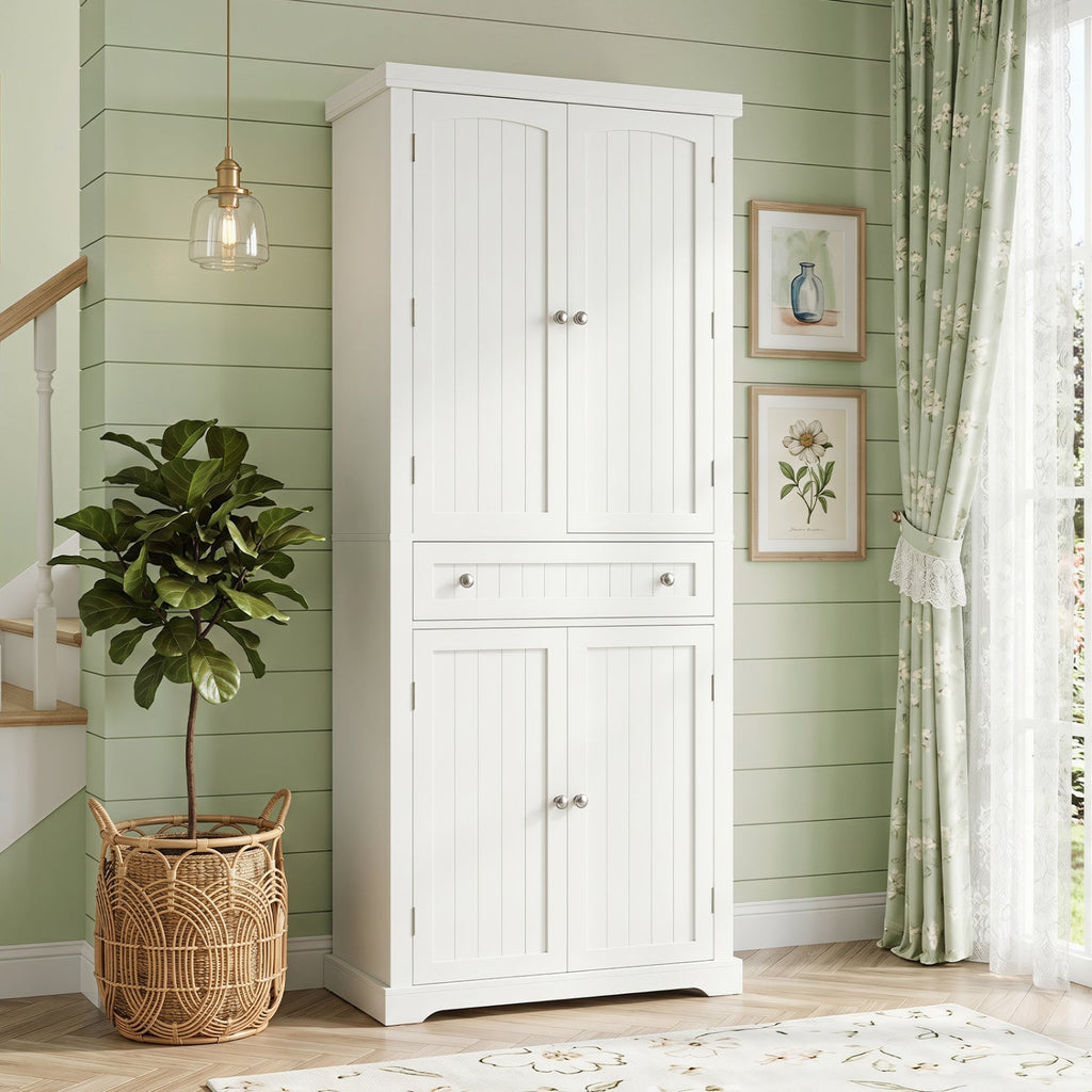 72" Tall Kitchen Pantry Cabinet with 4 Fluted Doors - White