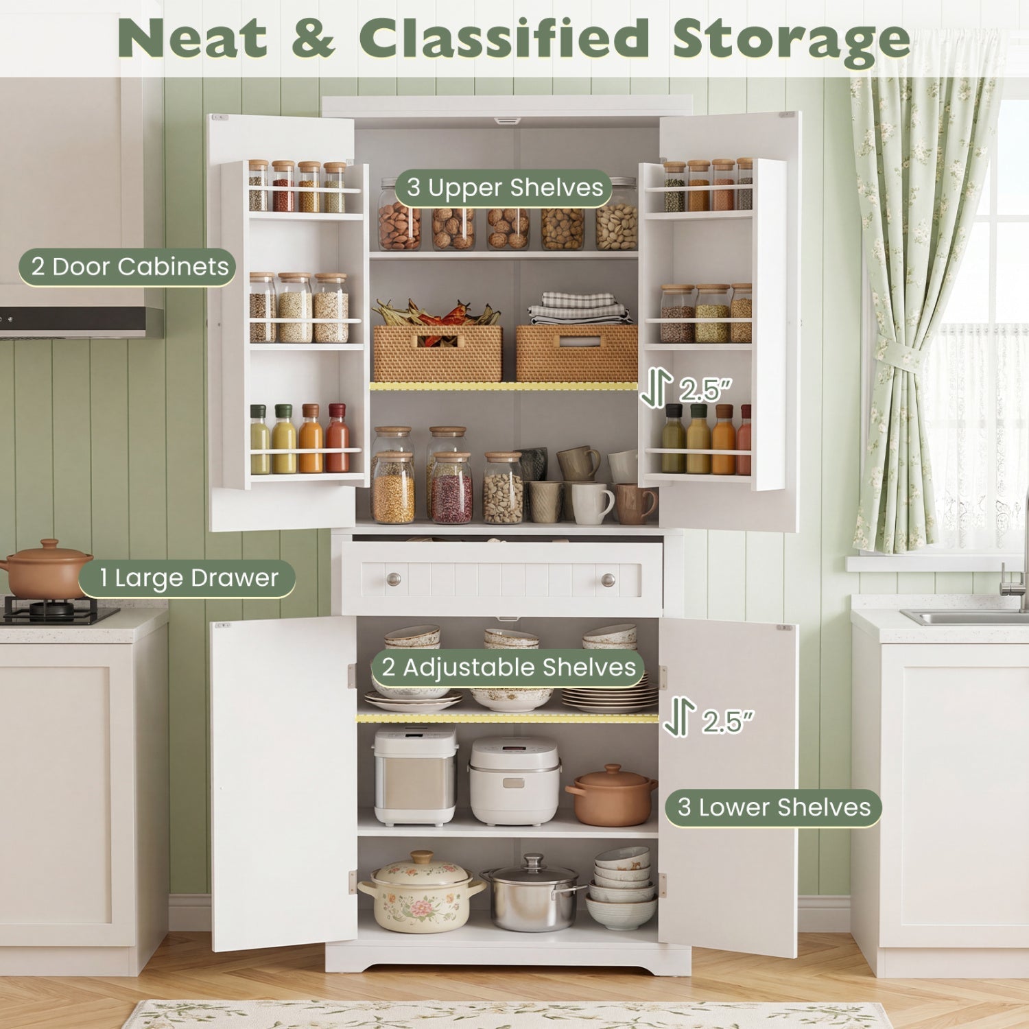 72" Tall Kitchen Pantry Cabinet with 4 Fluted Doors - White