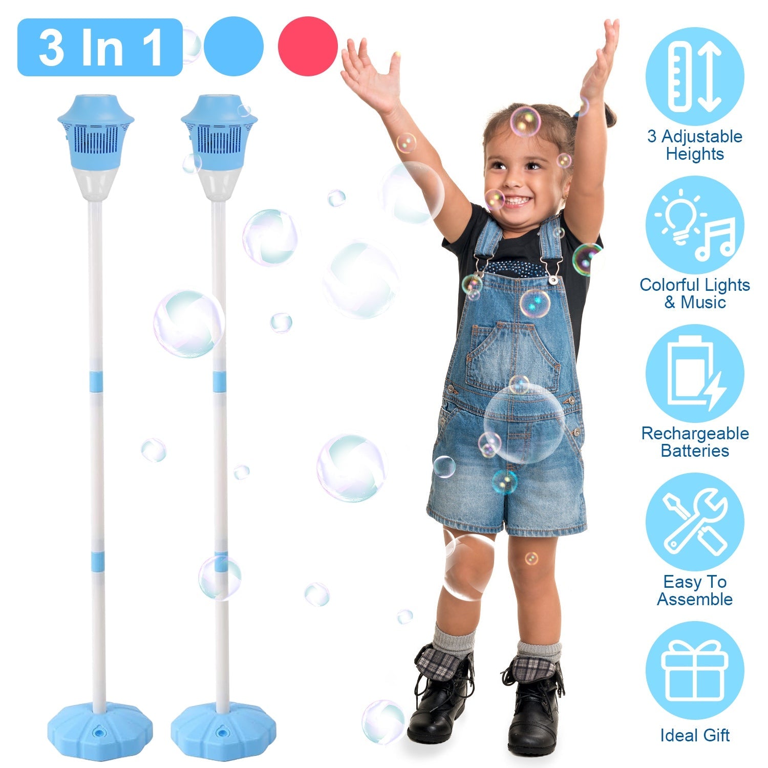 3-in-1 Standing Bubble Machine with Lights and Music