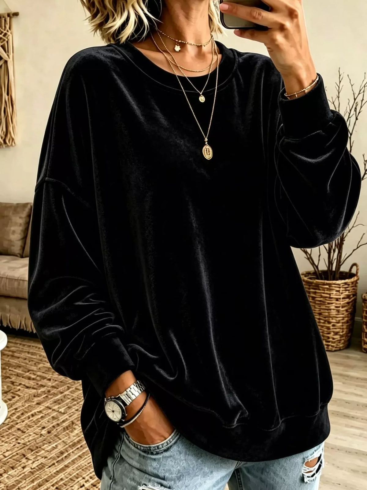 Full Size Loose Fit Velvet Dropped Shoulder Sweatshirt Plus Size