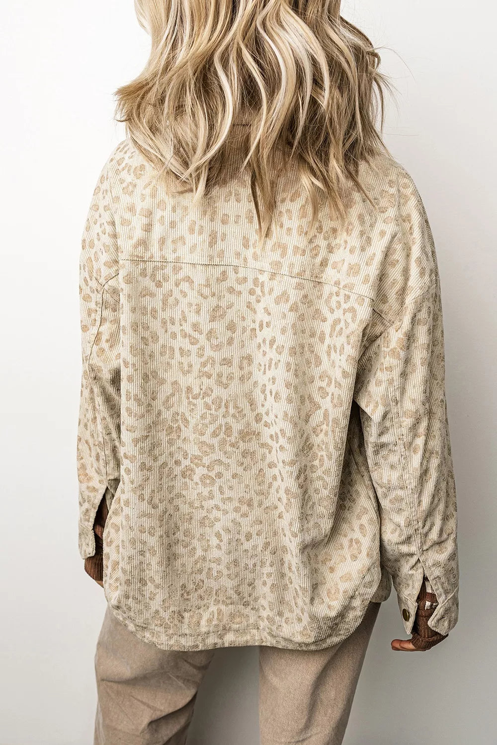 Leopard Print Corduroy Shirt Collar Long Sleeve Regular Fit Jacket