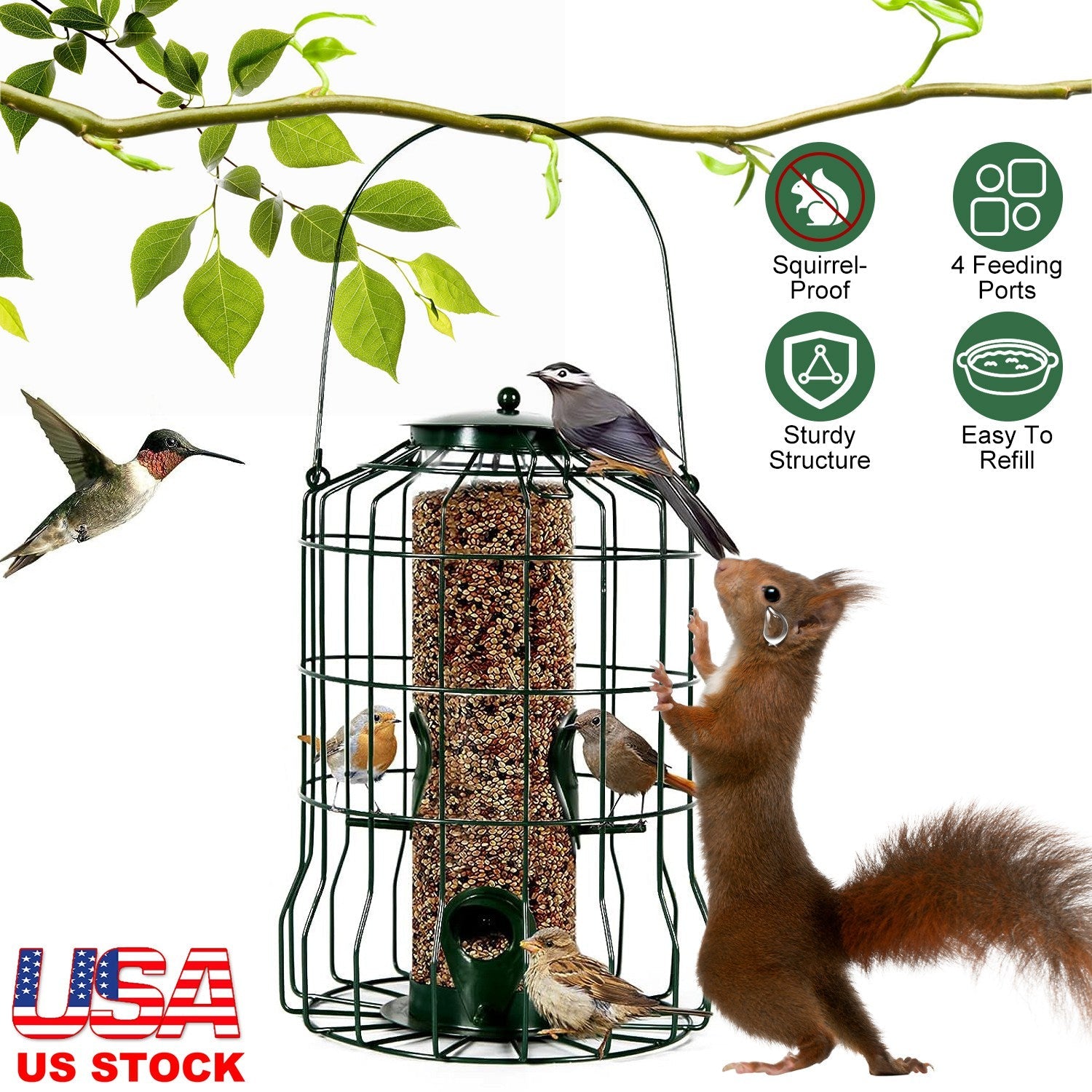 Metal Bird Feeder: Squirrel-Proof Seed Feeder with 4 Ports