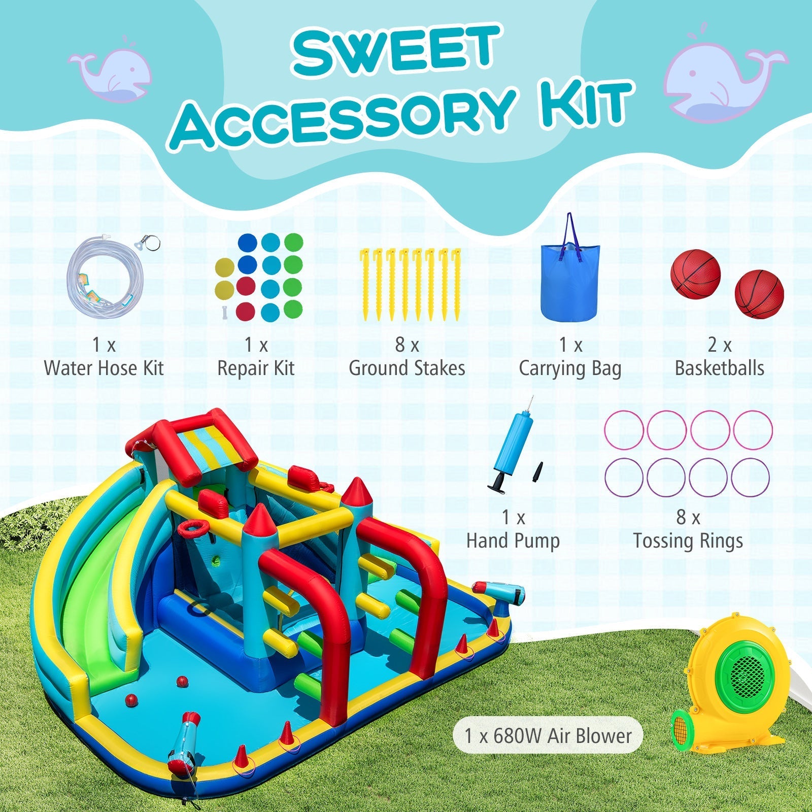 Inflatable Double Water Slide Park with Obstacle Course and 680W Blower