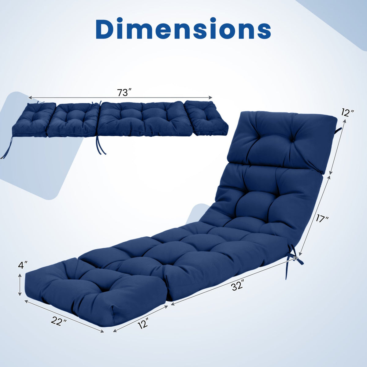 Outdoor Lounge Chaise Cushion Set of 2 - 73x22 Inch High Back