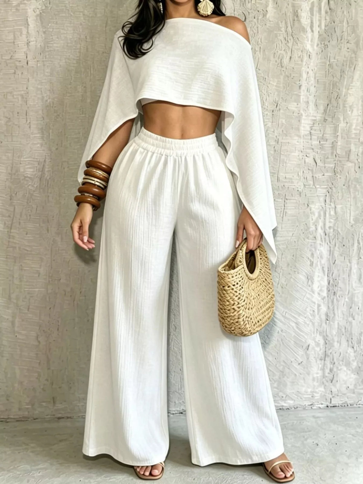 Boat Neck Crop Top and Wide-Leg Pants Set