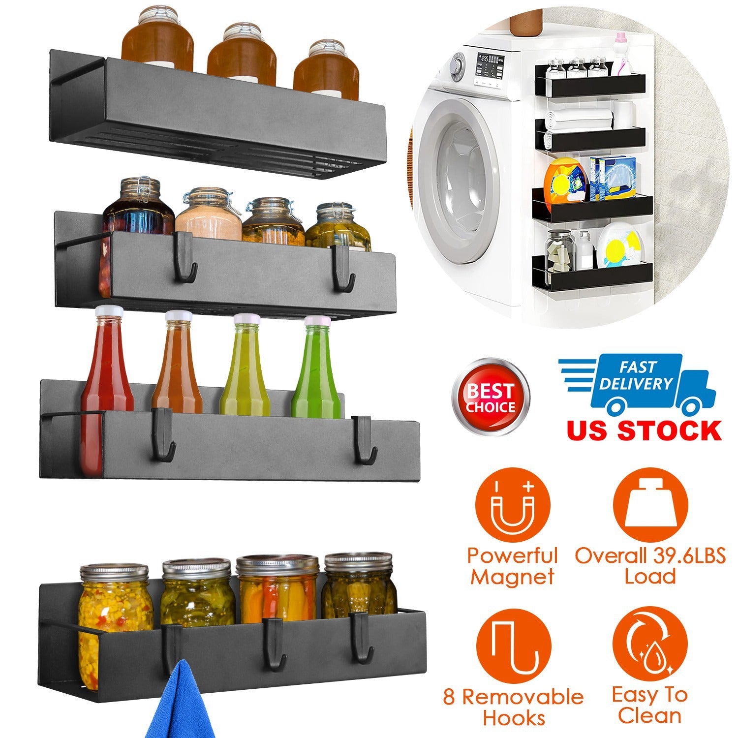 Magnetic Spice Rack with 8 Removable Hooks for Kitchen