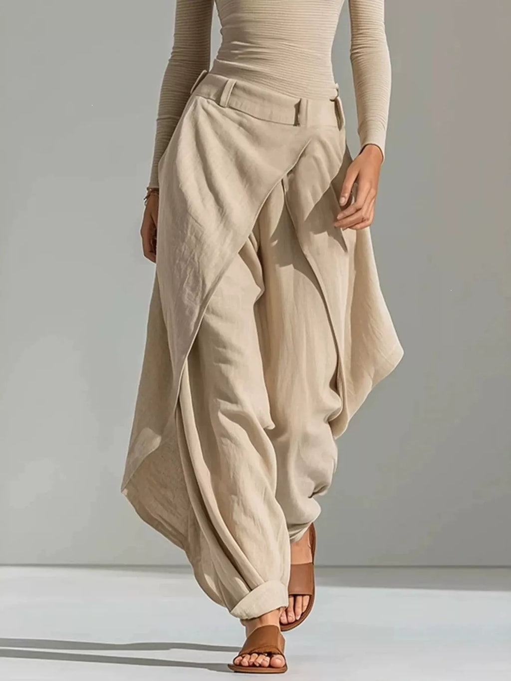 Boat Neck Long Sleeve Top and Wrap-Front Wide Leg Pant Set