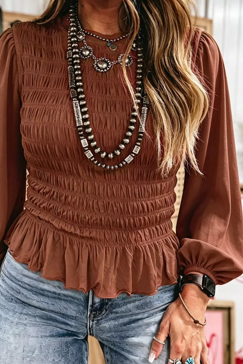 Smocked Balloon Sleeve Peplum Blouse