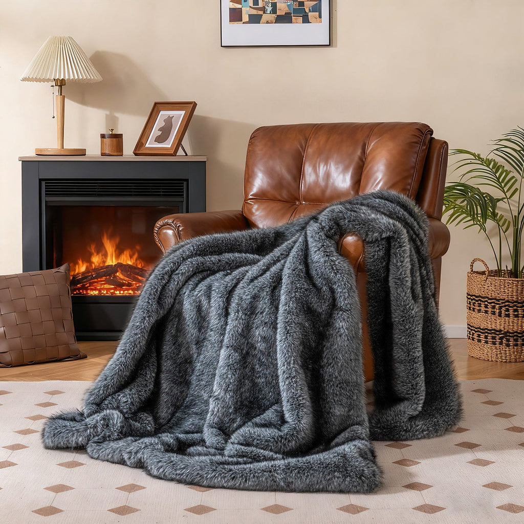 740GSM Soft Plush Fuzzy Luxury Faux Wolf Fur Blanket for Sofa-Gray